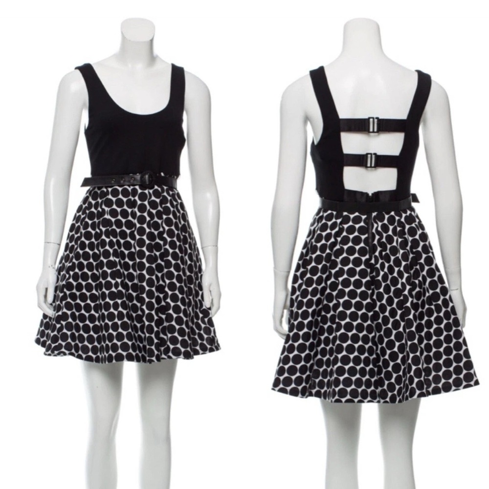 Alice + Olivia Black White Polka Dots Fit Flare Dress w Belt Women’s Size Medium